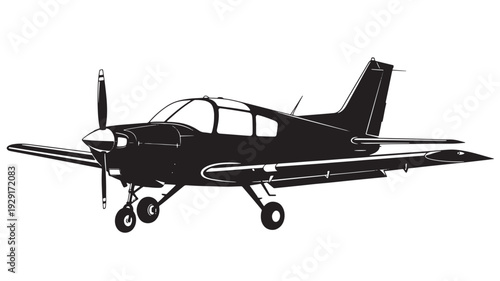 Airplane single engine propeller aircraft silhouette with landing gear, cockpit windows and wing fuel tank, side view vector