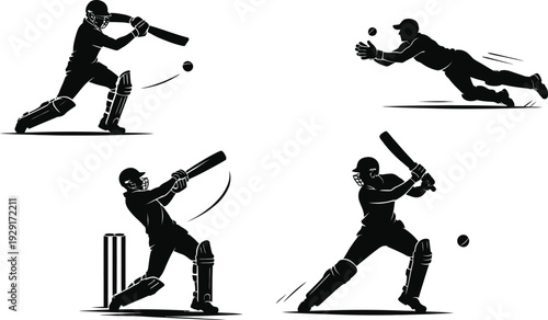 Professional cricket player silhouettes featuring batsman hitting ball and fielder