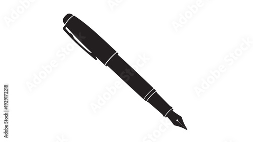 Pen fountain silhouette icon with black ink nib and cap, minimalist vector style isolated on white background