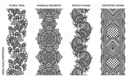 Vertical seamless henna mehndi border vector set ethnic Indian outline ornament design