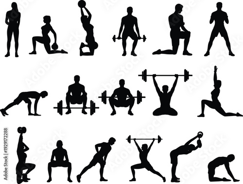 Fitness silhouettes, workout poses, weightlifting, squats, lunges, yoga positions, strength training, flexibility exercises, gym vector, health illustration, active lifestyle design