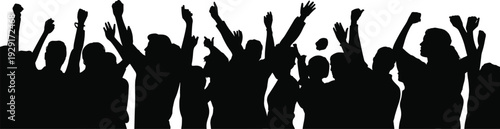 Cheering crowd silhouette, raised arms, celebration, unity, concert audience, sports fans, rally gathering, party people, festival energy, vector illustration