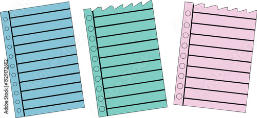 Three colorful lined paper sheets, each with punched holes along the edge for filing, suggesting organizational tools and creative writing or note-taking materials