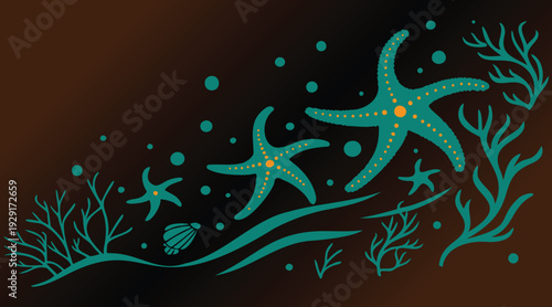 Oceanic enchantment A vibrant teal illustration of playful starfish, delicate seaweed, and shimmering bubbles dancing across a warm, gradient brown background, the serene of the underwater world
