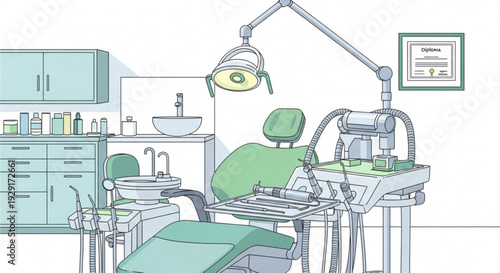 Dentist office interior with green dental chair equipment and tools medical lighting sink and cabinet