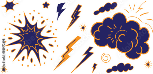 Vibrant vector graphic elements showcasing dynamic comic book style explosion bursts, powerful electric lightning bolts, and stylized storm clouds with decorative stars