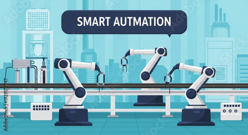 Industrial robots working on assembly line with smart automation technology in factory setting