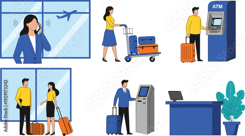 Airport Travel and Check In Vector Illustration Set with Passengers, ATM Machine, Self Service Kiosk, Luggage and Reception Desk