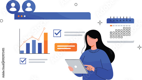 Business data analysis concept illustration with woman using tablet managing tasks calendar project schedule bar charts financial growth and workflow optimization for web design