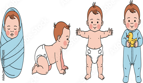 Baby Development Stages Vector Illustration Set with Newborn Swaddle, Crawling Infant, Standing Toddler in Diaper and Child in Pajamas