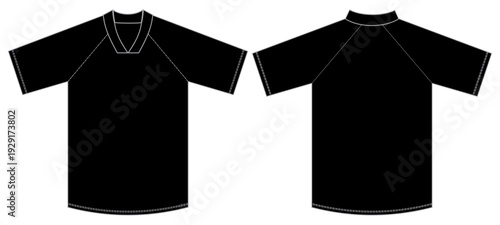 Black Raglan V Neck T Shirt Front and Back View Vector Template