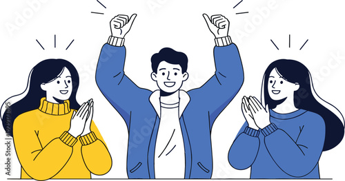 Group of happy young people celebrating success with cheering man raising thumbs up and women clapping hands in flat line art style for teamwork and victory