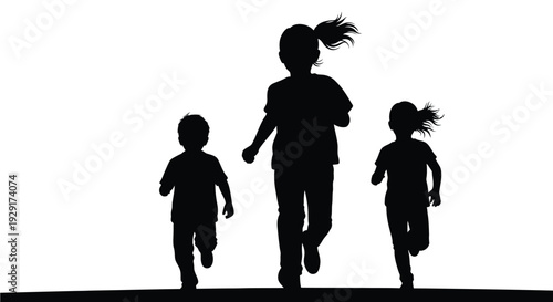 Dynamic vector illustration depicting three happy children, two young girls and one little boy, joyfully running together, symbolizing childhood freedom and active play.