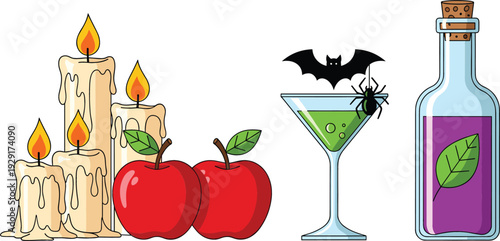 Halloween Still Life Vector Illustration with Burning Candles, Red Apples, Bat, Spider Cocktail Glass and Magic Potion Bottle
