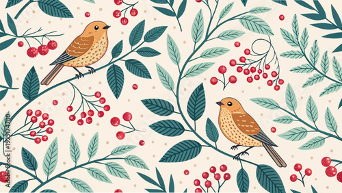 Charming birds perched on berry branches with lush green leaves