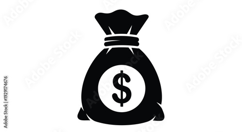 Classic black and white vector graphic illustration depicting a tied money bag with a prominent dollar symbol on its front, representing wealth and financial success.