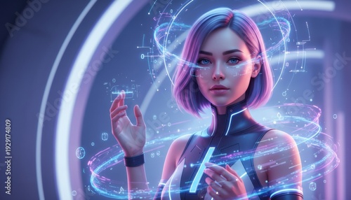 Beautiful young woman with futuristic interface on her face. Future technology concept