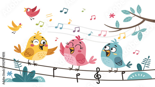 Colorful cartoon birds singing on musical notes and wires outdoors