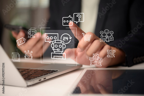 Businessman touching chatbot ai customer service support virtual interface laptop desk automation online communication helpdesk artificial intelligence technology concept.