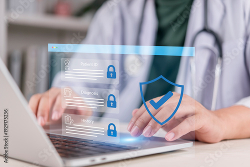 Hand doctor typing laptop clinic protect medical data security privacy shield patient history diagnosis electronic health record cyber compliance.