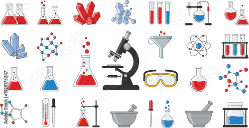Science laboratory equipment vector icon set featuring microscope test tubes flasks molecules crystals and chemical research tools for education medical and chemistry projects