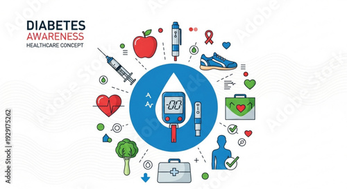 Diabetes awareness concept with glucometer fruit and healthy lifestyle icons on white background