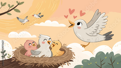 Loving bird mother tenderly approaching her chicks in cozy nest