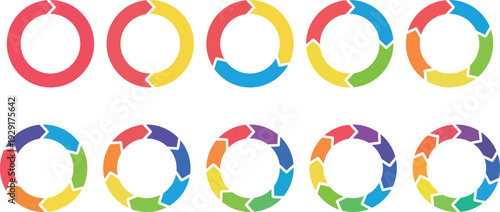 Colorful Circular Arrow Process Icons Set with 2 to 10 Steps for Infographics and Lifecycle Diagrams