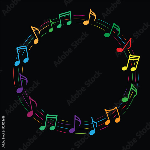 Colorful vector illustration of many music notes swirling in a circular motion, featuring vibrant tones, playful rhythm, and a lively energetic design.