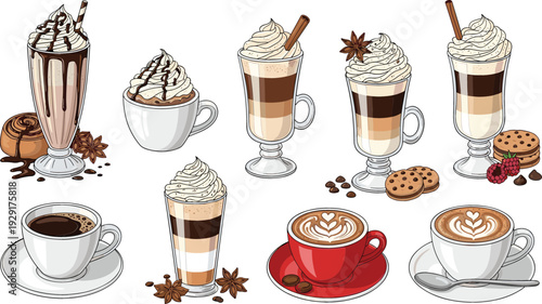 Set of Coffee Drinks Vector Illustration with Latte, Cappuccino, Espresso, Milkshake, Whipped Cream, Cookies and Spices Isolated on White Background