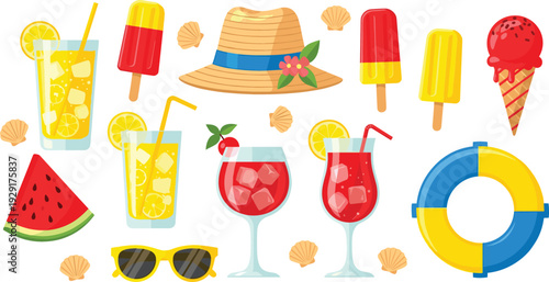 Summer Beach Vacation Vector Set with Ice Cream, Lemonade, Watermelon, Sunglasses, Straw Hat, Cocktails and Inflatable Ring