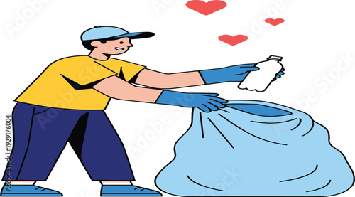 Volunteer Collecting Plastic Waste in Garbage Bag Vector Illustration, Environmental Cleanup, Recycling Concept and Community Service Awareness
