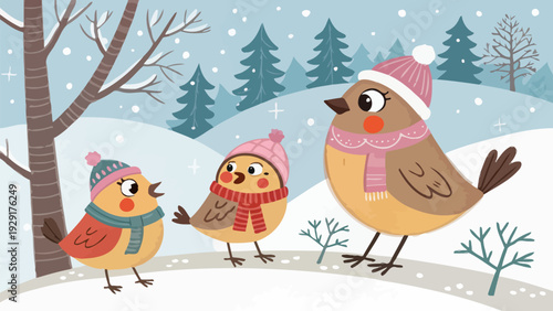 Three adorable birds wearing winter hats and scarves in snowy landscape