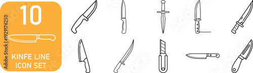 Illustration of a set of ten knife line icons in various styles and orientations