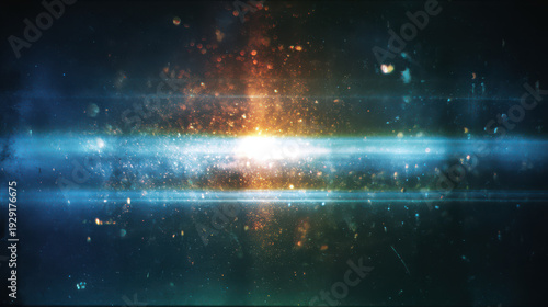 A bright light shines in a dark space with blue and orange hues