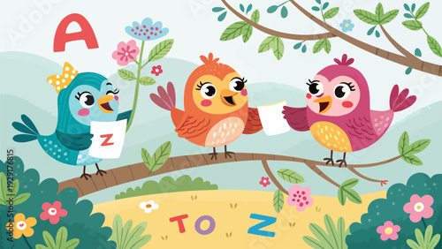 Colorful birds learning alphabet on tree branch in garden
