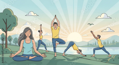 Group of people practicing yoga outdoors at sunrise by serene lake with mountains
