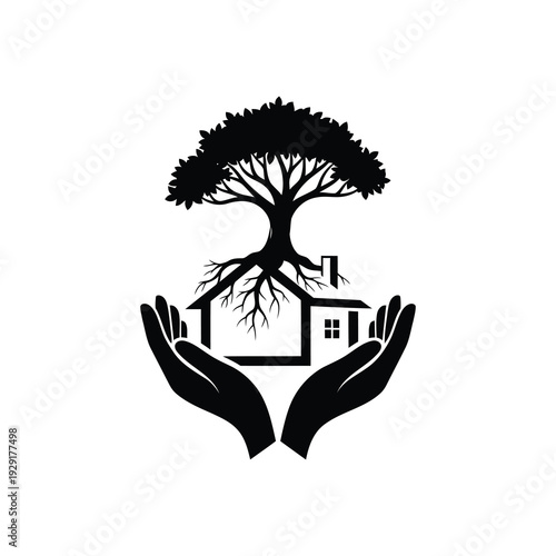 Hands holding home with tree roots growing into it
