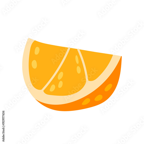 Orange wedge slice in flat style. Citrus fruit segment isolated on white background for food illustration and packaging.