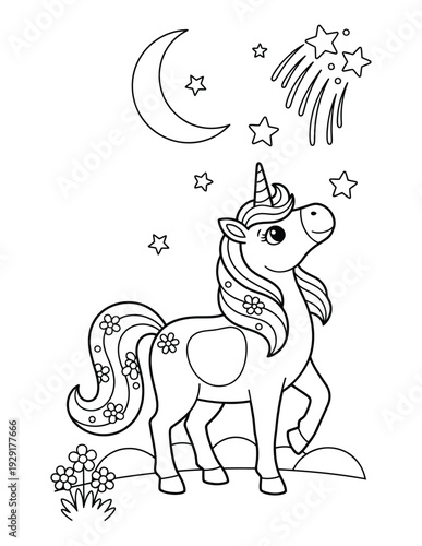 Unicorn coloring page with crescent moon and cute cartoon outline style