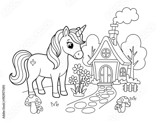 Unicorn coloring page with cute cartoon cottage and garden scene