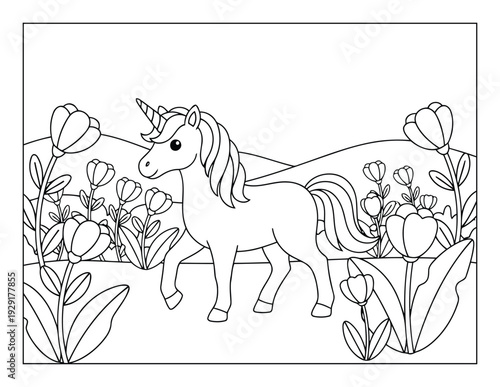Unicorn coloring page with magical pony in blooming flower field