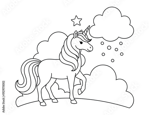 Unicorn coloring page with cute pony under cloudy night sky