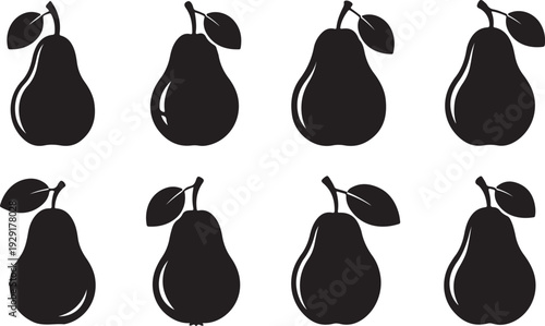 Vector set of 6 pear icons in black and white silhouttee on transparent background AI Generative
