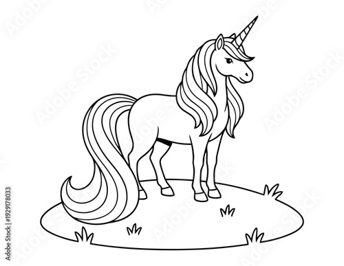Unicorn coloring page with elegant pony standing on meadow