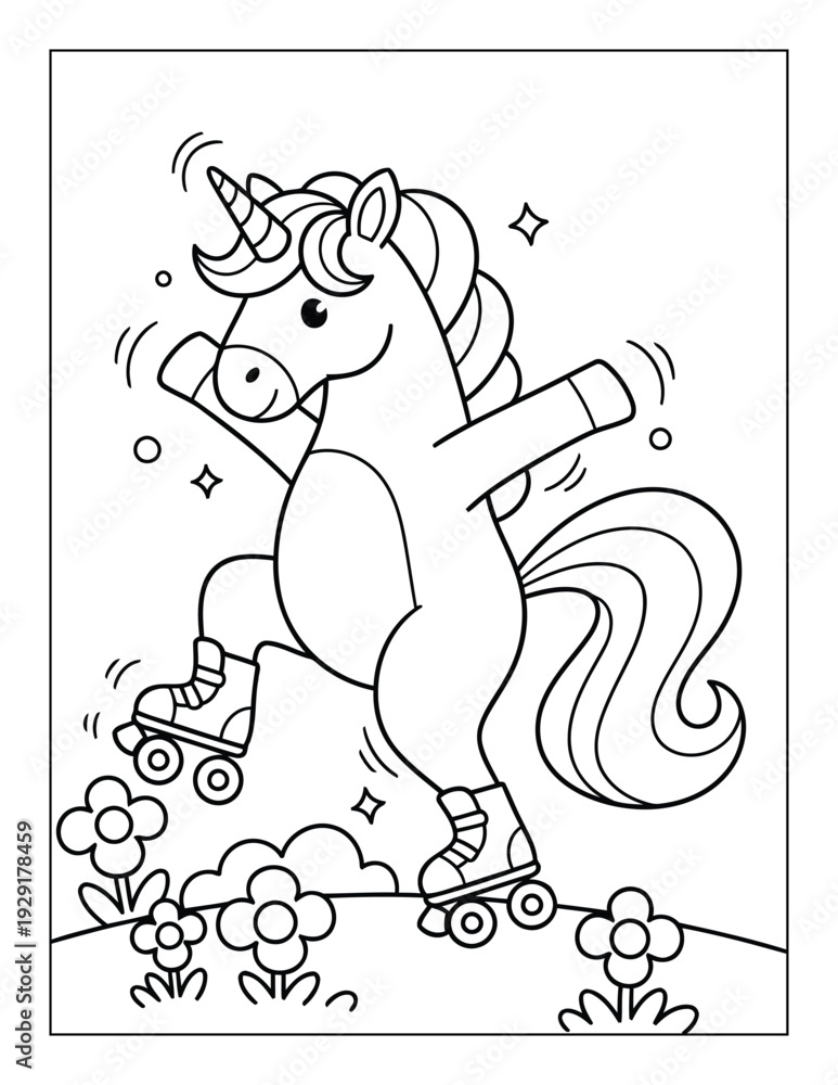 Obraz premium Unicorn coloring page with magical pony roller skating