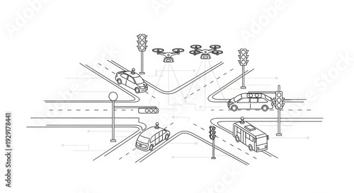 Autonomous vehicles and drone in smart city intersection, future transport concept