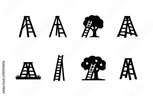 Orchard ladder outline. Filled icon set of Orchard ladder outline: wooden orchard ladder, tripod fruit picking