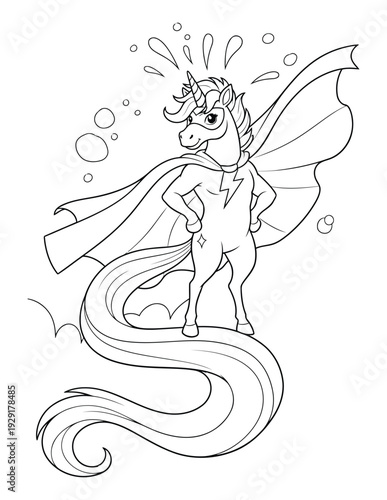 Unicorn coloring page with magical superhero pony flying