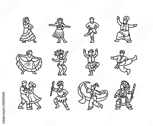 Folk Dances from Around the World. Line outline icon set of Folk Dances from Around the World: flamenco dancer